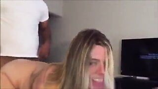 Wife smiles at hubby cumming watching her take a black cock