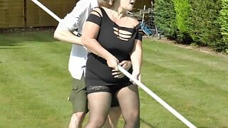 Poolboy sticks his cock in grannies mouth and she sucks on it wildly