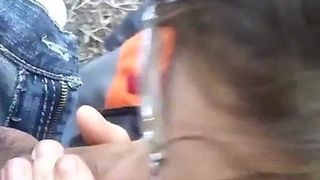 Ugly nerdy whore sucking cock in woods