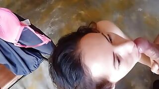 While the cheating wife makes her way sucking cock to get cum in her mouth, the cuckold is working very hard.